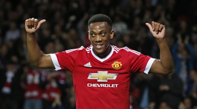 Selebrasi Anthony Martial saat mencetak gol untuk MU.