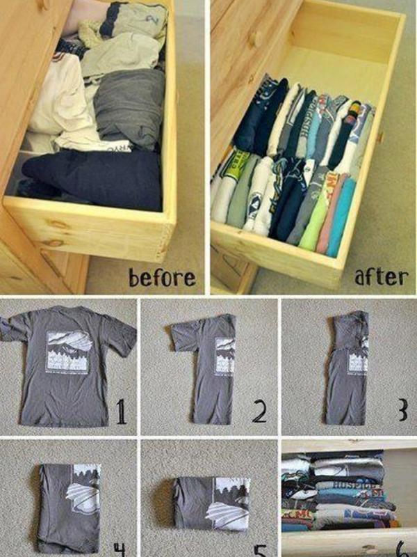 Ubah lipatan pakaianmu agar lemari memuat banyak ruang. (Via: slsj.livejournal.com)