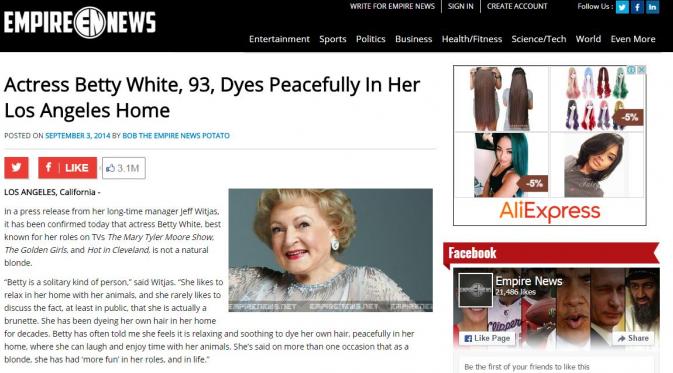 Berita 'kematian' Betty White (via empirenews.net)