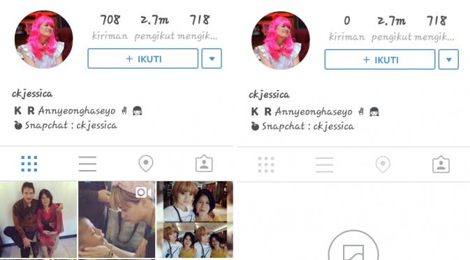 Instagram Chika Jessica sebelum dan setelah dibajak orang. (dok. Instagram)