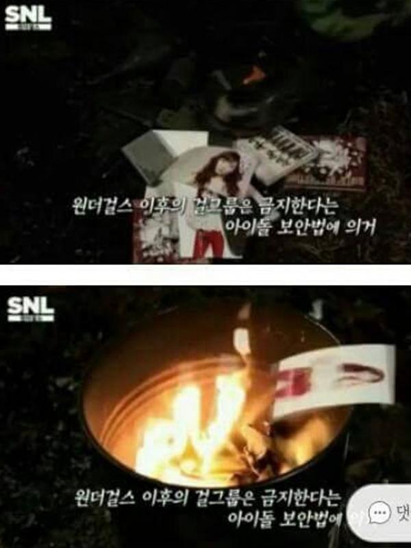 Screen capture foto dan album SNSD yang dibakar dan diinjak di SNL Korea (via koreaboo.com)