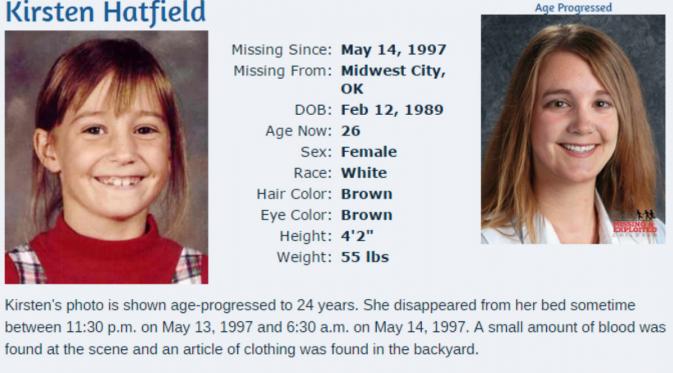 Kirsten Hatfield menghilang sejak Mei 1997. (Credit: National Center for Missing and Exploited Children)