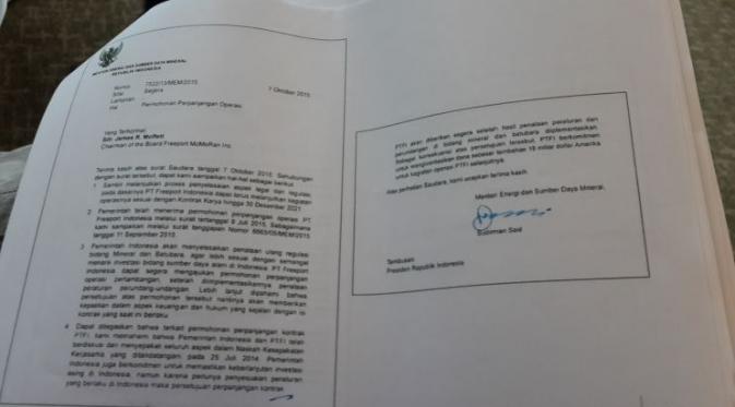 Ini Surat Menteri ESDM Soal Perpanjangan Operasional Freeport. (Foto: Pebrianto Eko/Liputan6.com)