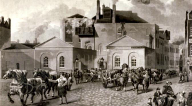 Kilang pembuatan bir di tengah kota London meledak dan menghamburkan begitu banyaknya bir hingga membanjiri kota London. (Sumber Guildhall Library & Art Gallery/Heritage Images)