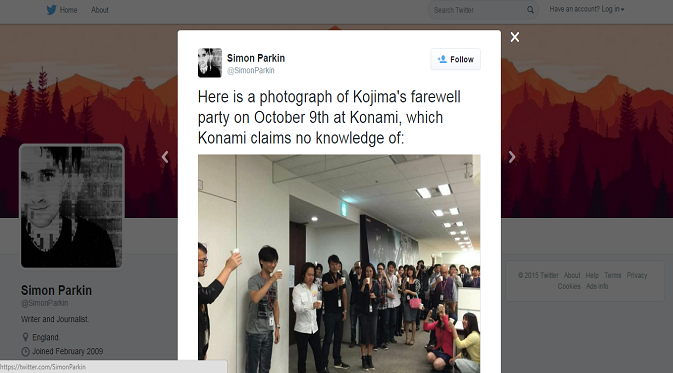 Bukti pesta perpisahan Kojima dengan Konami di Twitter (Doc: @SimonParkin)