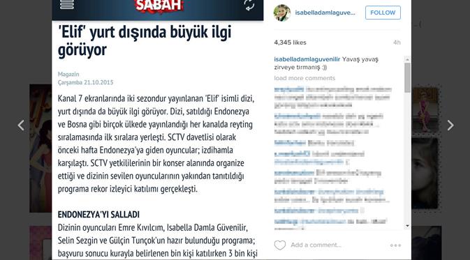 Media Turki memberitakan kesuksesan Elif yang tayang di SCTV. (foto: instagram.com/isabelladamlaguvenilir)