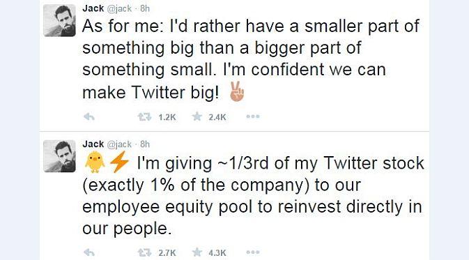 CEO Twitter, Jack Dorsey, memberikan sepertiga sahamnya untuk para karyawan (Foto: Ist)
