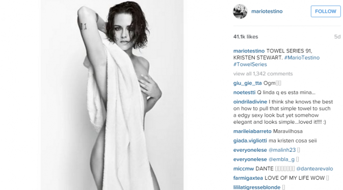 Kristen Stewart berpose nyaris bugil untuk karya Mario Testino [foto: instagram/mariotestino]