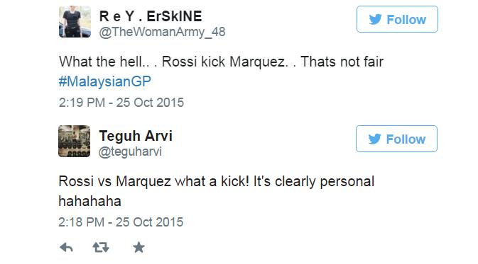 Kicauan pengguna Twitter tentang Rossi menendang Marquez (twitter.com)