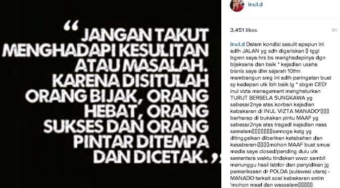 Ungkapan duka cita dan permohanan maaf Inul Daratista. (via instagram.com/inul.d)