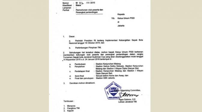 Surat dari panpel Piala Jenderal Sudirman 2015 untuk PSSI, terkait penyelenggaraan turnamen.