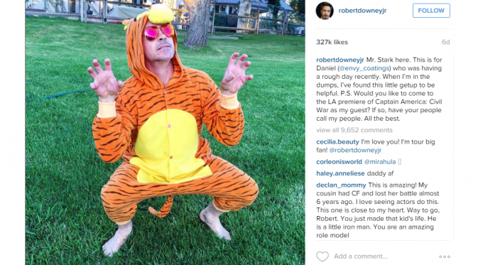 Robert Downey Jr Jadi Harimau untuk memberi semangat pada seorang anak yang tengah sakit [foto: instagram/robertdowneyjr]