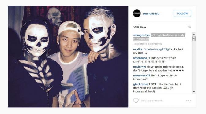 Seungri BigBang rayakan Halloween di Indonesia (via instagram.com/seungriseyo/)