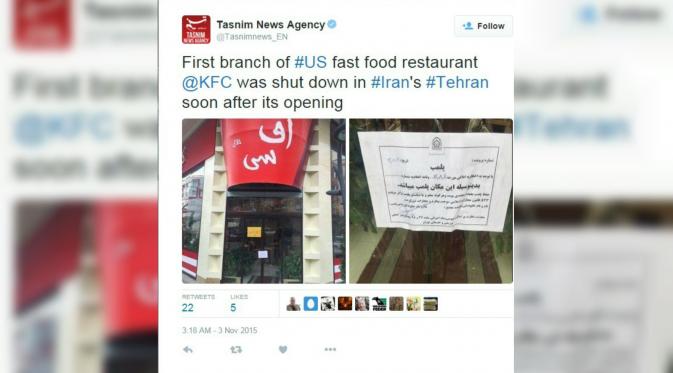 Tulisan dari dalam KFC Halal di Tehran melalui situs Tasnim News Agency. (Mashable)