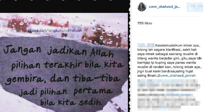 Contoh komentar netizen yang ada di akun Instagram Soraya Abdullah. (via instagram.com/umm_shaheed_jannah)