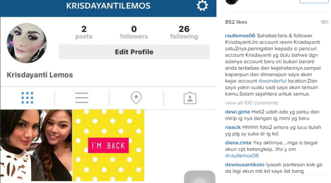 Raul Lemos sampaikan peringatan kepada pelaku peretas akun Krisdayanti [foto: instagram/raullemos06]