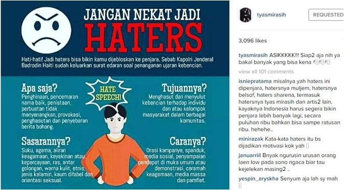Postingan Tyas Mirasih untuk para haters (via Instagram/Tyas Mirasih)