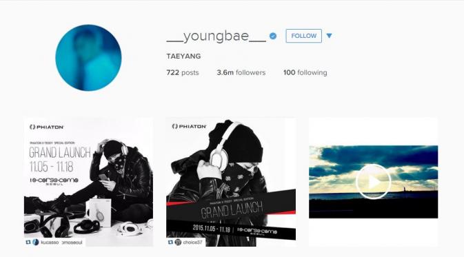 Taeyang BigBang dengan 3,6 juta pengikut (via instagram.com/__youngbae__/)