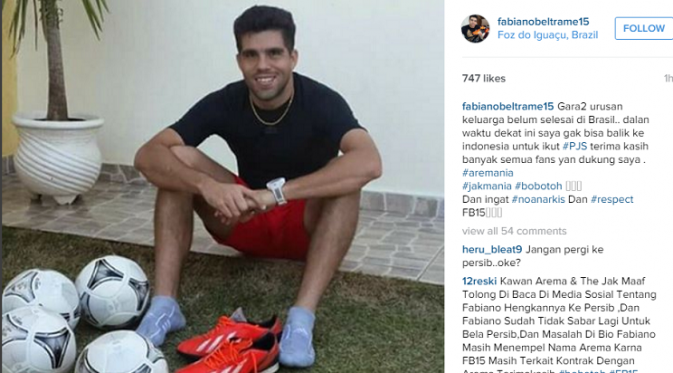 Fabiano Beltrame membeberkan tidak akan bergabung bersama Persib di Piala Jenderal Sudirman. (Akun Instagram @fabianobeltrame15)