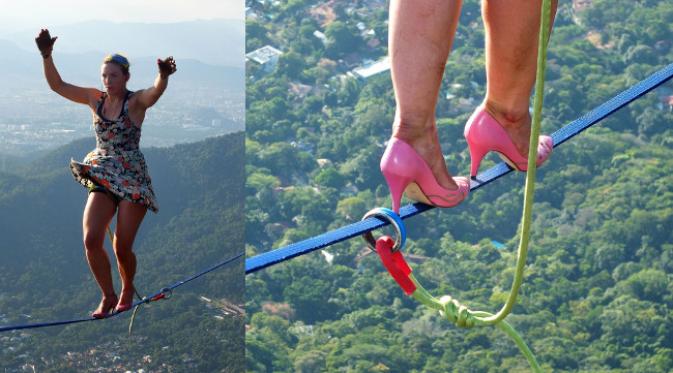Dengan sepatu hak tinggi berwarna pink, Faith menyebrangi tali. (foto: Caters News)