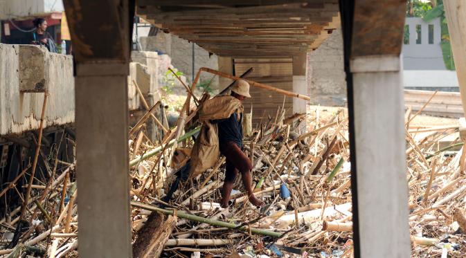 Seorang pemulung melintas di atas tumpukan sampah di kolong jembatan Rawajati, Kalibata, Jakarta, Senin (16/11/2015). (Liputan6.com/Helmi Fithriansyah)