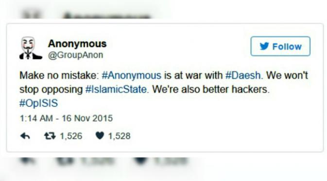 Kelompok peretas 'Anonymous' menyatakan perang melawan ISIS