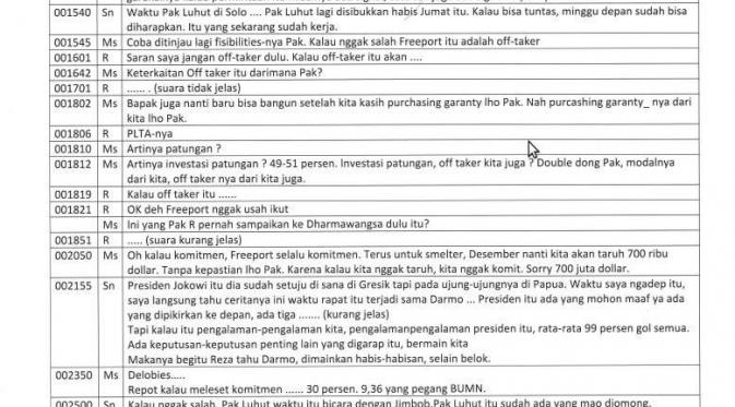 Ini transkip yang diduga obrolan Setya Novanto catut nama Jokowi soal Freeport. (Liputan6.com/Taufiqurrahman)
