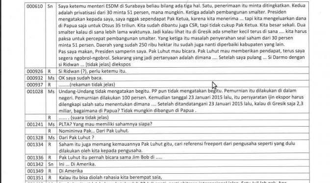 Ini transkip yang diduga obrolan Setya Novanto catut nama Jokowi soal Freeport. (Liputan6.com/Taufiqurrahman)