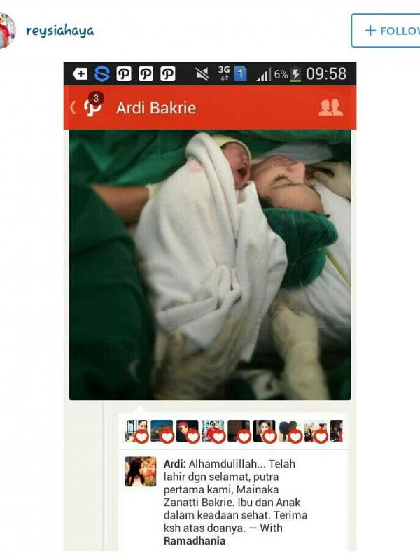 Putra pertama Nia Ramadhani dan Ardi Bakrie telah lahir (vai instagram.com/reysiahaya)