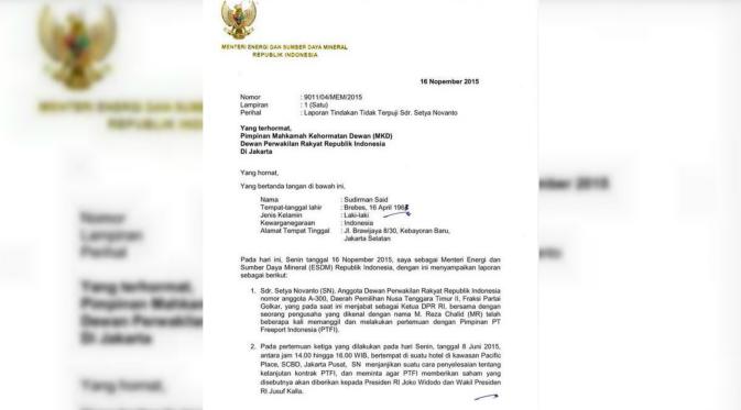 Surat diduga laporan Menteri ESDM Sudirman Said menyebut Setya Novanto mencatut nama Presiden Jokowi. (Istimewa)