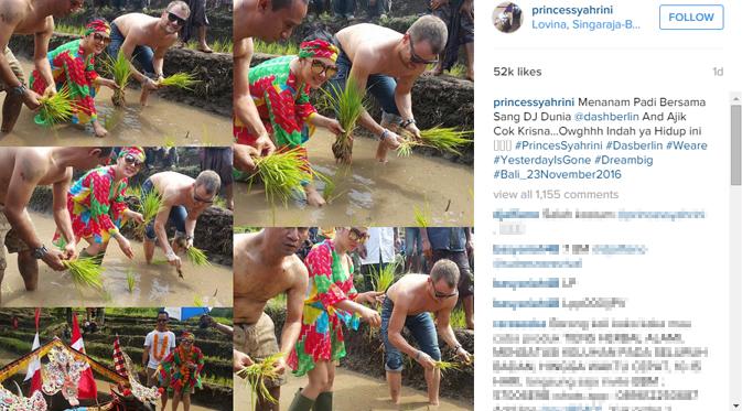 Syahrini dan Dash Berlin main lumpur dengan menanam padi bersama. (foto: instagram.com/princessyahrini)