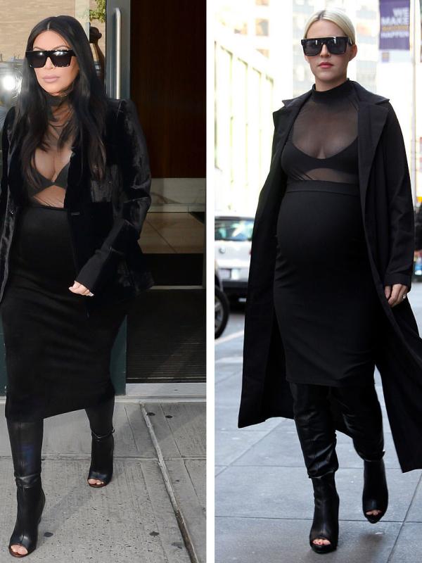 Seorang wanita mengikuti gaya fesyen hamil Kim Kardashian. Sumber: Cosmopolitan