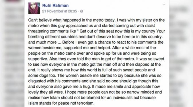 Korban pelecehan rasial, Ruhi Rahman mengucapkan terimakasih pada orang-orang yang membelanya (Facebook)