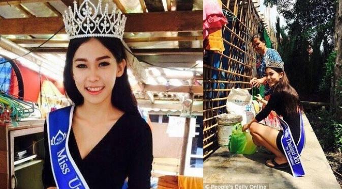 Mint tidak malu menunjukkan kebersamaan dengan ibunya memungut sampah dengan gaun dan mahkota Miss Uncensored News Thailand 2015 miliknya. (Sumber. Eliterreaders.com)