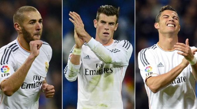 Kombinasi Karim Benzema (kiri), Gareth Bale (tengah), dan Cristiano Ronaldo (kanan) membawa Real Madrid berjaya pada 2014. (AFP PHOTO/Gerard Julien dan Javier Soriano)