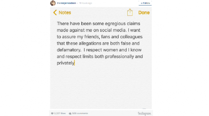 Jawaban James Deen perihal tuduhan yang diarahkan padanya melalui akun instagram (sumber. huffingtonpost.com)