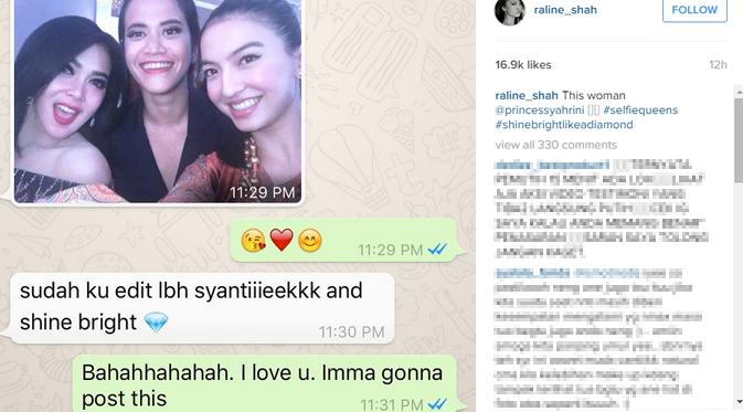 Raline Shah mengunggah hasil percakapannya dengan Syahrini. (foto: instagram.com/raline_shah)