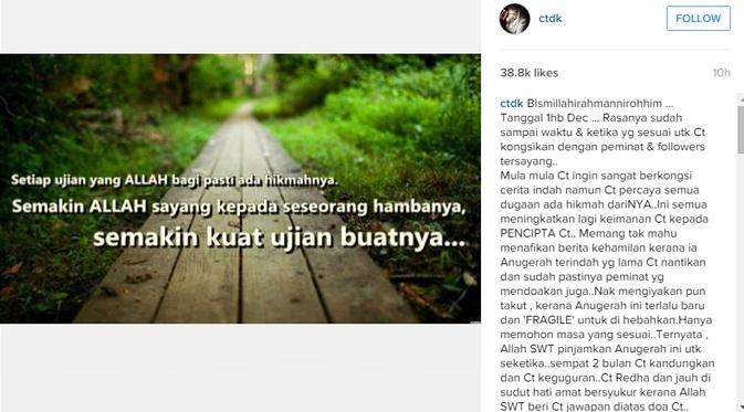 Siti Nurhaliza mengungkapkan isi hatinya ke publik usai mengalami keguguran. (foto: instagram.com/ctdk)
