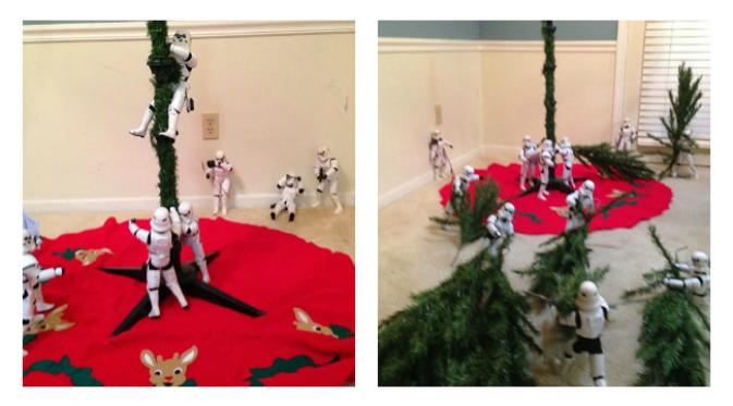 Darth Vader dan Stormtrooper membantu mendirikan pohon Natal. (Sumber Facebook milik Kyle Shearrer)