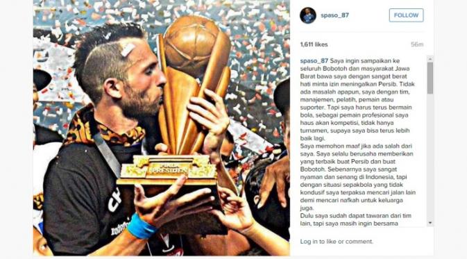 Ilija Spasojevic memutuskan meninggalkan Persib karena ingin mencari kompetisi yang stabil demi terus menafkahi keluarga. (Instagram)