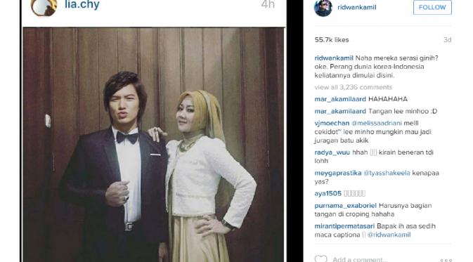 Ridwan Kamil ajak perang Korea karena cemburu dengan Lee Min Ho [foto: Instagram/ridwankamil]