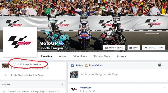 Laman resmi MotoGP di Facebook telah memiliki lebih dari 10 juta penggemar.