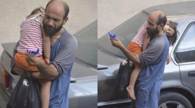 Abdul Halim al-Attar dan anak perempuannya berjualan pulpen di tengah panasnya Beirut. (foto: Twitter/Az_Aloudah)