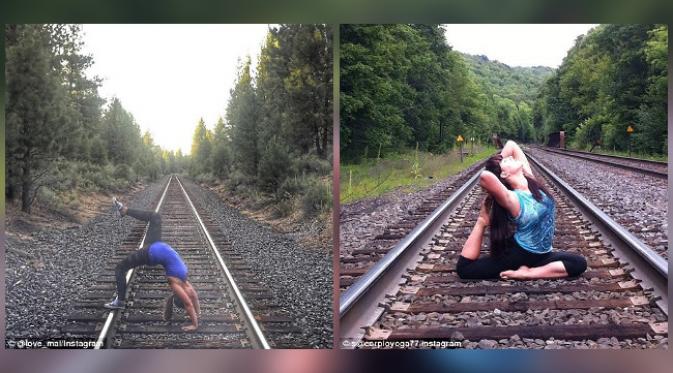 Yoga di rel kereta api. (foto: Daily Mail)