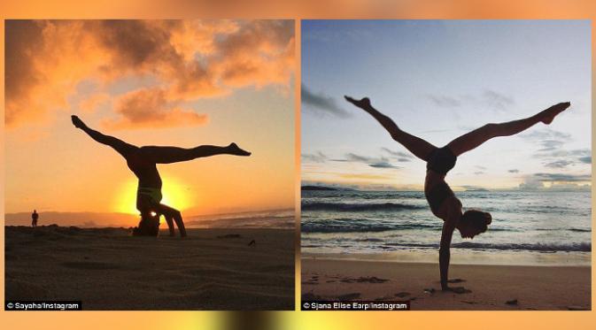 Yoga berlatar belakang pantai dengan matahari tenggelam. (foto: Daily Mail)