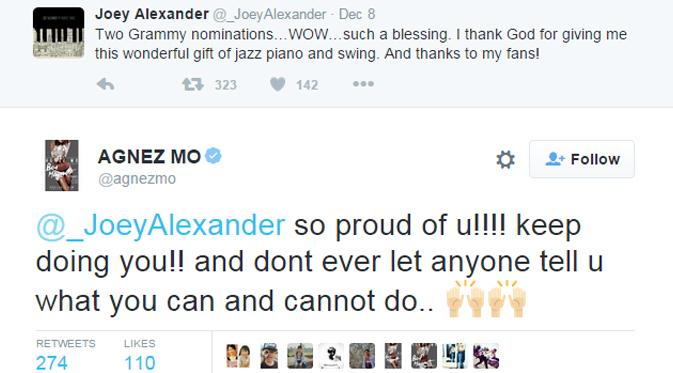 Kicauan Agnez Mo soal Joey Alexander meraih nominasi Grammy Awards ke-58. (foto: twitter.com/agnezmo)