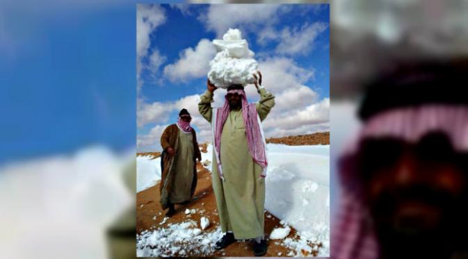Terkait perubahan iklim, salju turun di kawasan utara Saudi Arabia. (Sumber RiyadhConnect via Facebook)