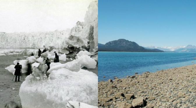 (Kiri) Gletser Muir dahulu, (Kanan) Gletser Muit sekarang. (USGS)