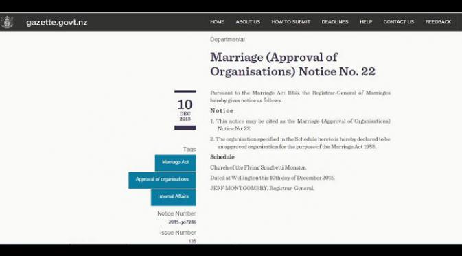 Persetujuan pernikahan antar penganut Agama Spageti Terbang. (foto: Facebook/ Church of the Flying Spaghetti Monster - New Zealand)