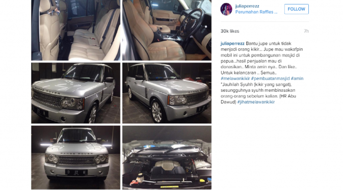 Julia Perez Jual Mobil Mewah untuk Bangun Masjid [foto: instagram/juliaperrezz]